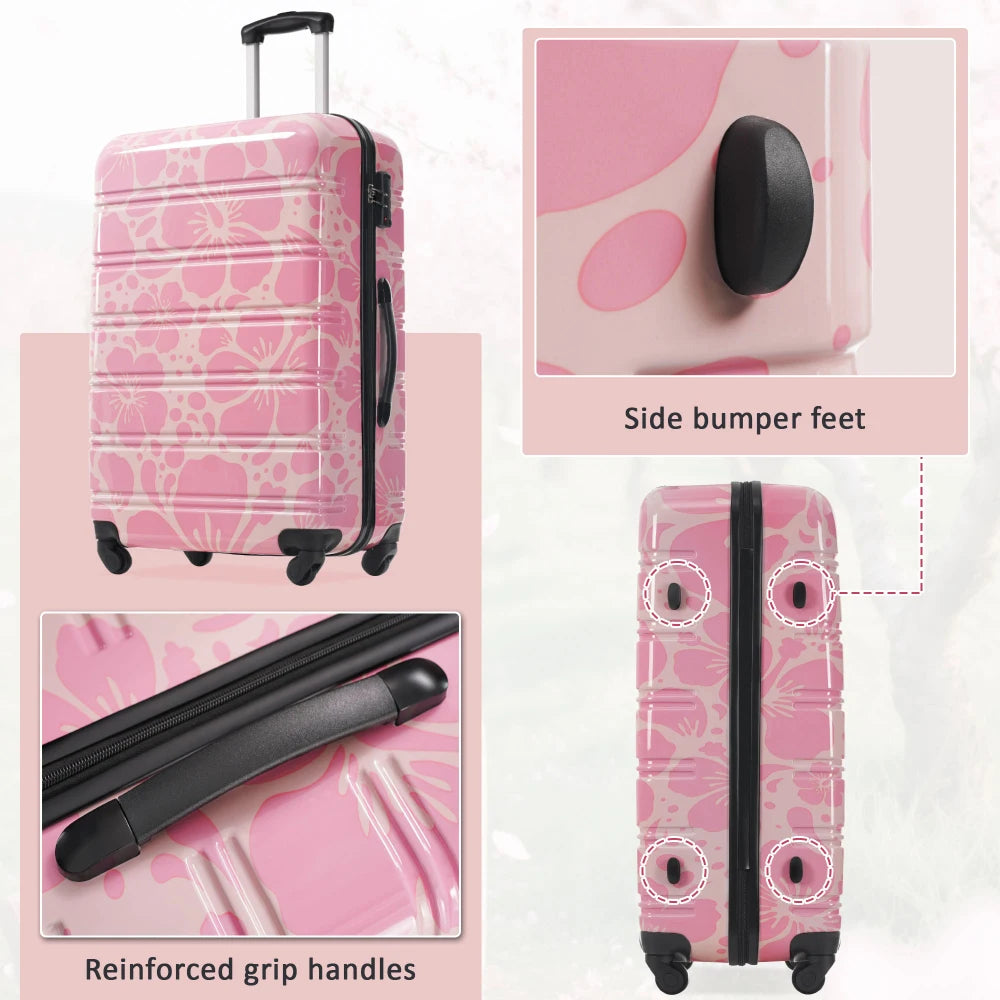 Pink Hardshell Luggage Sets 3 pcs Spinner Suitcase with TSA Lock Lightweight-20"+24"+28" Luggages Flower Pattern