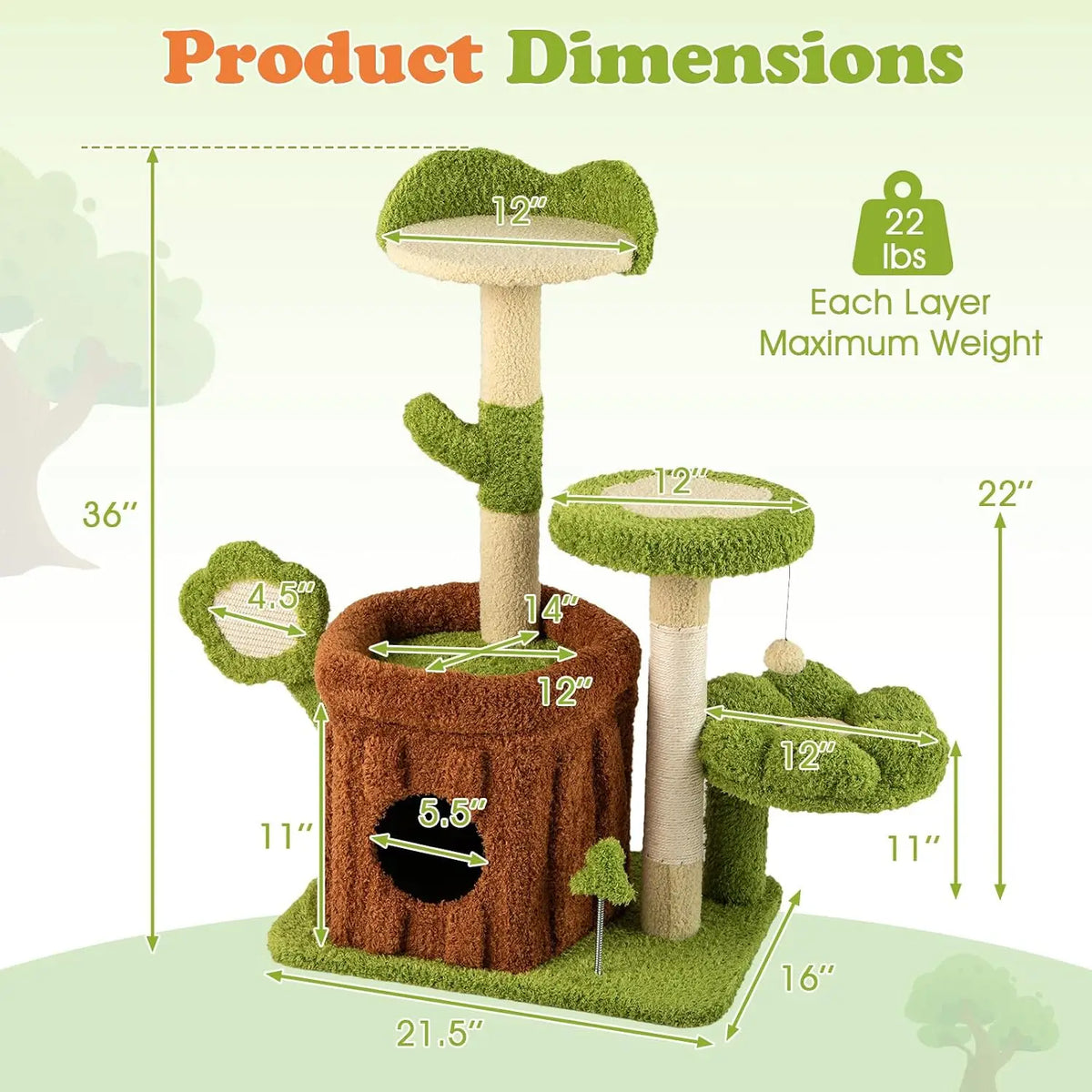 Cute Cat Tree Green Forest, 36 Inch Aesthetic Cat Tower with Sisal Scratching Posts & Board, Trunk Condo, Flower Perch, Plush Napping Bed, Pompom, Spring Toy, Platforms for Indoor Cats