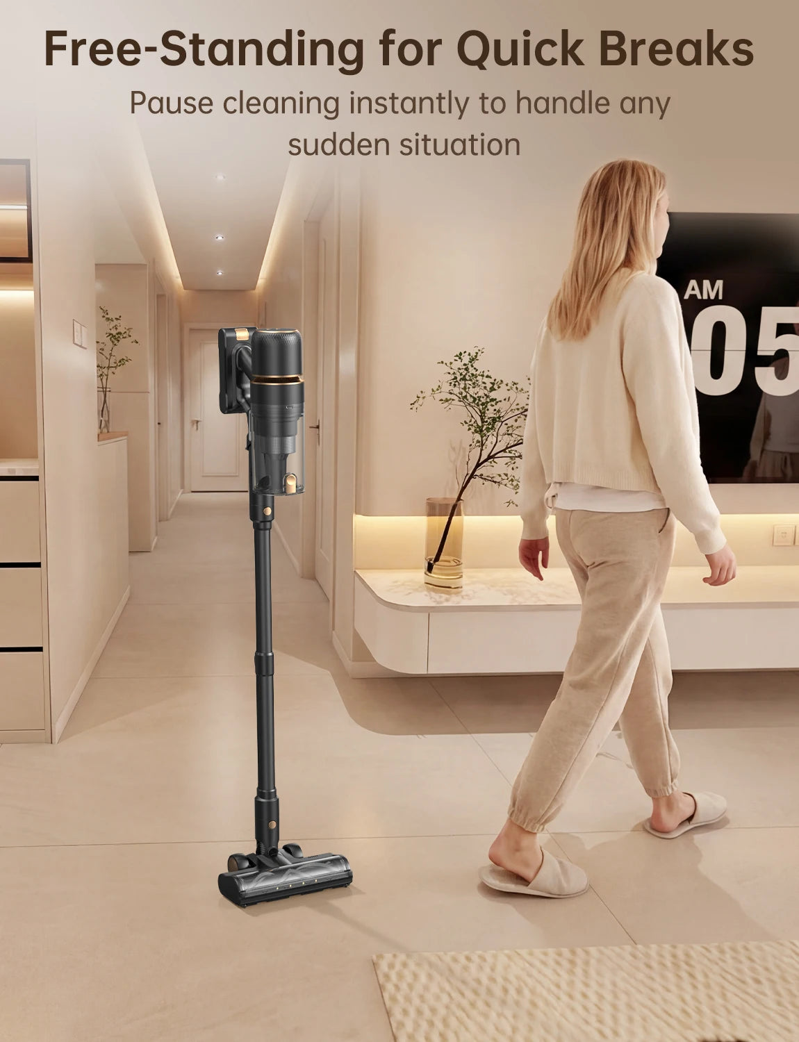 Cordless Stick Vacuum Cleaner 600W/58Kpa/up to 65 Mins Running Time 3 Suction Modes Washable HEPA Filter Digital Display 4-in-1 Handheld Vacuum Self Standing Anti-Clog Roller Brush for Hardwood Carpet Pet Hair US Household