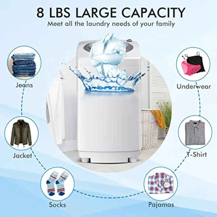 Portable Washing Machine, 8Lbs Capacity Full-automatic Washer with 6 Wash Programs, LED Display, 3 Water Levels, Compact Laundr