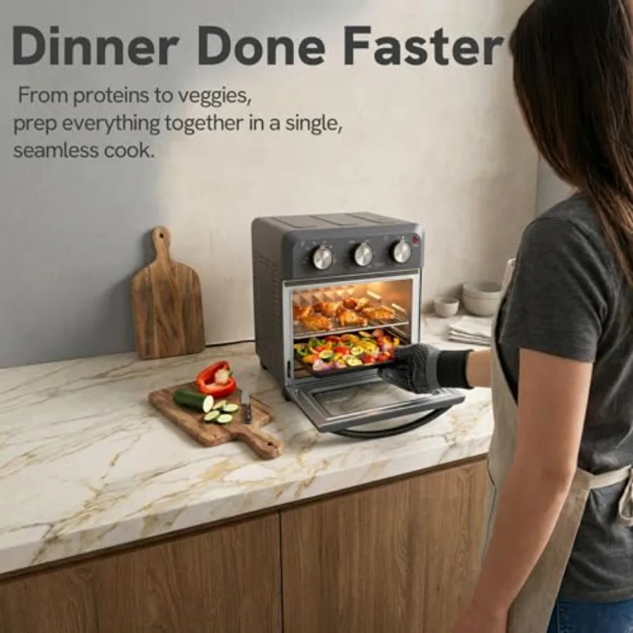 6-in-1 Retro Air Fryer Toaster Oven Combo for kitchen use, enamel-coated, dark grey, compact 12.7 QT convection oven with hexag