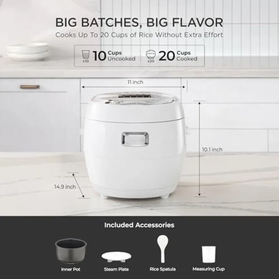 Micom Fuzzy Logic Rice Cooker for home kitchen use, white plastic and stainless steel, 20-cup cooked capacity with precise temp