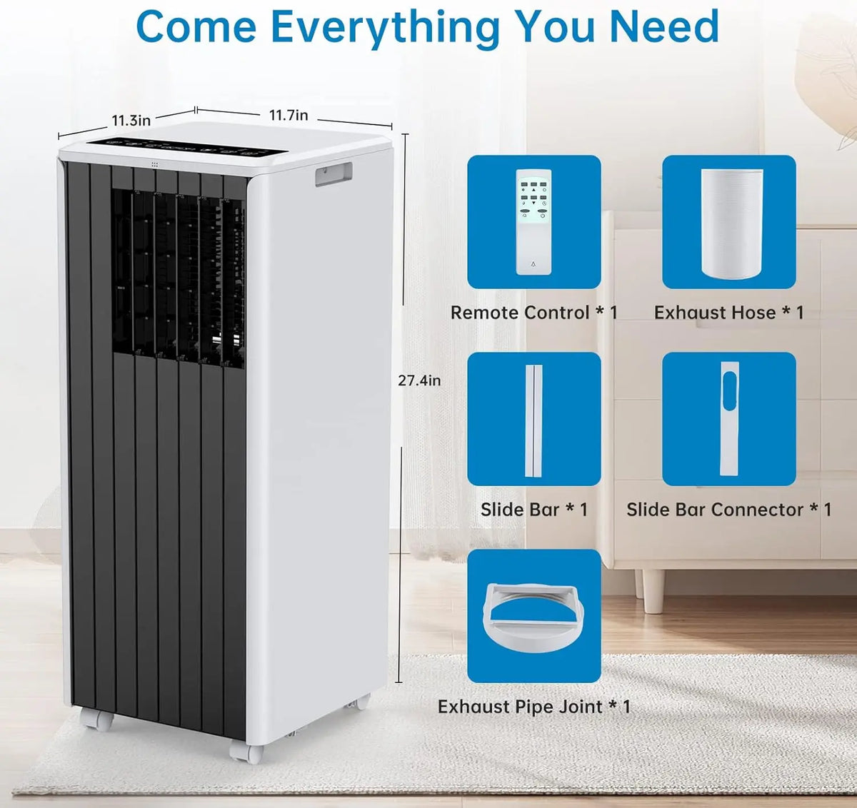 8000 BTU Portable Air Conditioner 3-In-1 Cool Dry Fan Modes Quiet AC With Remote Window Kit 45 Pints Per Day Dehumidifier 27.4x11.7x11.3 Inches For Rooms Up To 350 Sq Ft