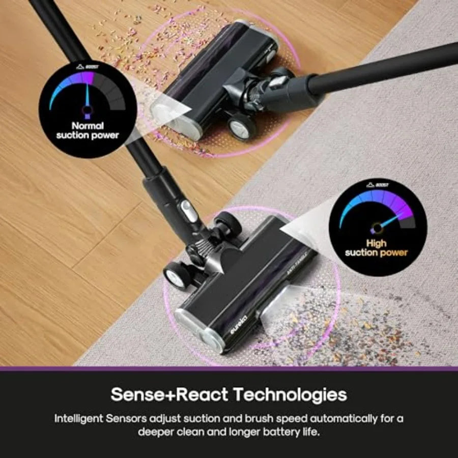 ReactiSense 350W cordless stick vacuum for pet hair and hard floors carpets, black, lightweight with Floor Sense + React, 60-mi