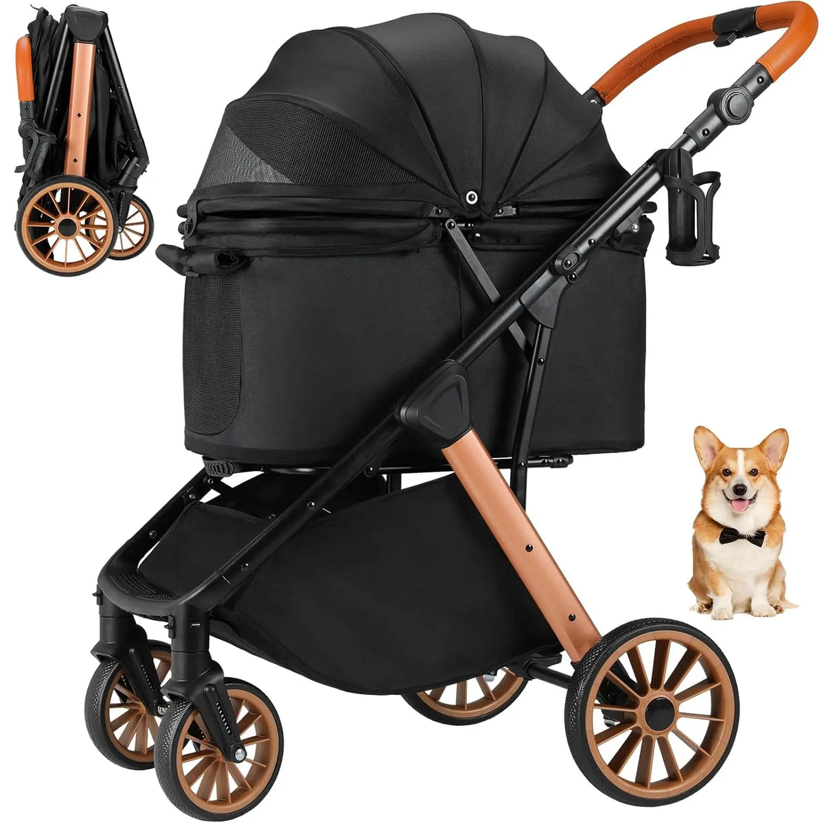 Foldable Dog Stroller for Medium Small Dogs Cats Up to 55 Lbs(25kg), Aluminum,Carbon Steel Frame Pet Stroller, Height-Adjustable