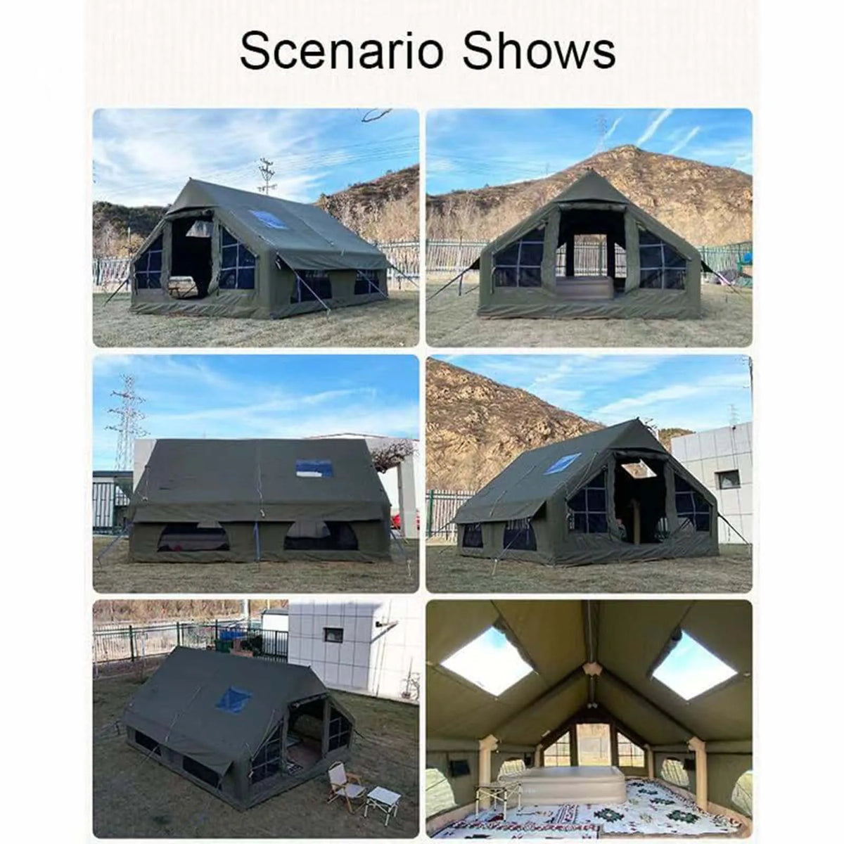 SENLEETO 129 Square Feet Inflatable Glamping Tent 4-8 Person for Camping,4 Season Blow up Tent with Stove Jack&AC Vent,Easy Setup Air Tent with High Pressure Pump