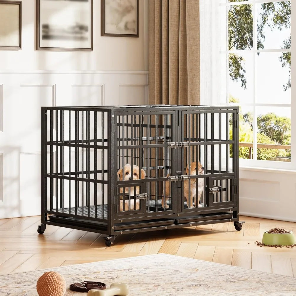 Metal Heavy Duty Dog Crate for Dogs Large Dog Cage with Removable Tray Easy Assemble Dog Kennel with Double-Latch Locks