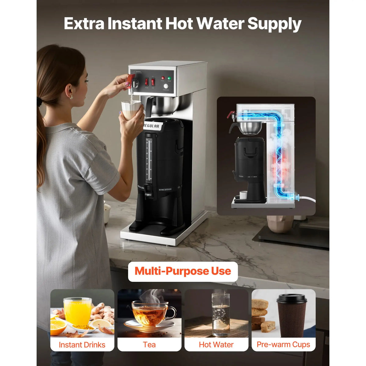 Commercial Drip Coffee Maker, 16-17 Cups Machine with 2.5 L Thermal Carafe, Keep Warm for 4 Hours, Stainless Steel Brewer with Auto Water Filling, for Restaurant, Office, Coffee Shop & Home