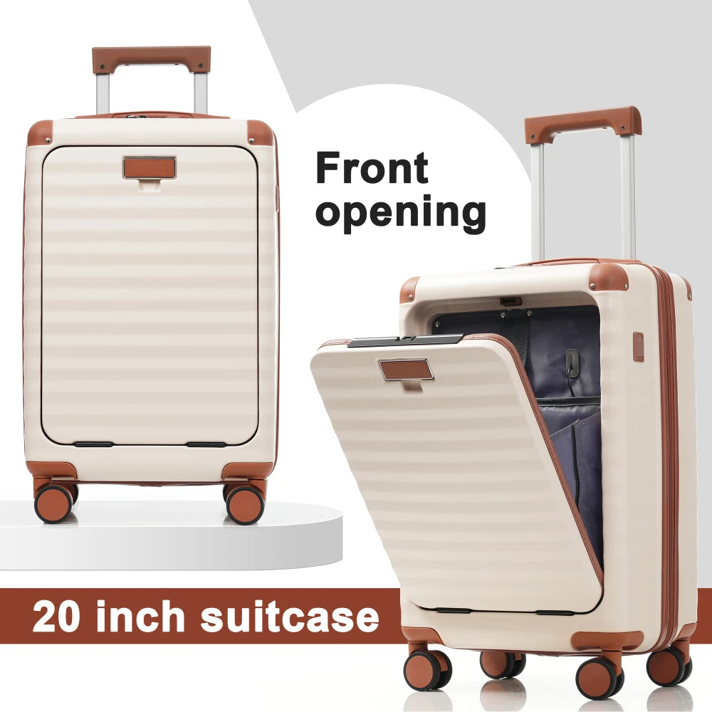Luggage Sets 5 Piece with Front Opening , Hardside Expandable Carry on Suitcase with Spinner Wheels TSA Lock USB Port Cup Holder Duffel Bag and Toiletry Bag Brown+White + ABS