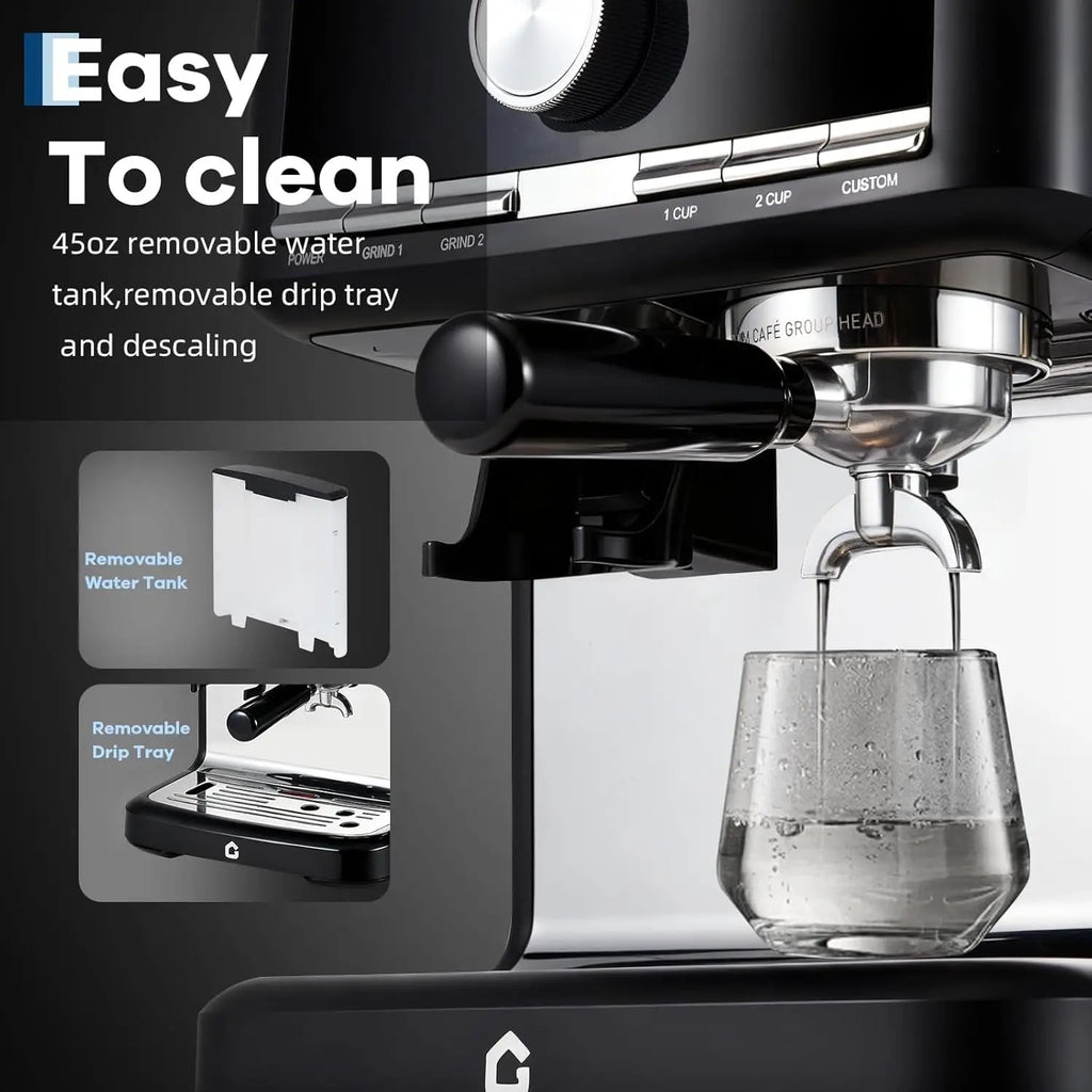 Stainless Steel Espresso Machine with Grinder – 20 Bar, Metal Die-Cast Brew Head, 30 Grind Settings, Integrated Boiler & Steam Wand, 1.5L Removable Tank