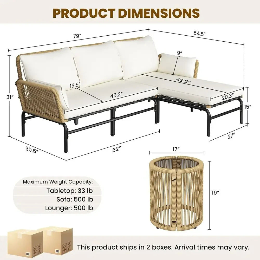 3-Piece Outdoor Patio Sofa Set with Detachable Lounger, Thick Cushions, and Glass Side Table