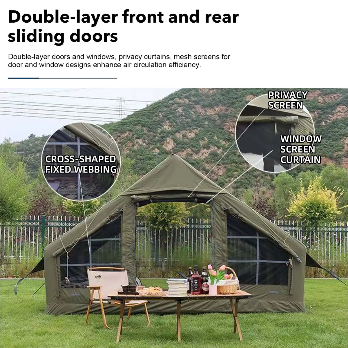 SENLEETO 129 Square Feet Inflatable Glamping Tent 4-8 Person for Camping,4 Season Blow up Tent with Stove Jack&AC Vent,Easy Setup Air Tent with High Pressure Pump