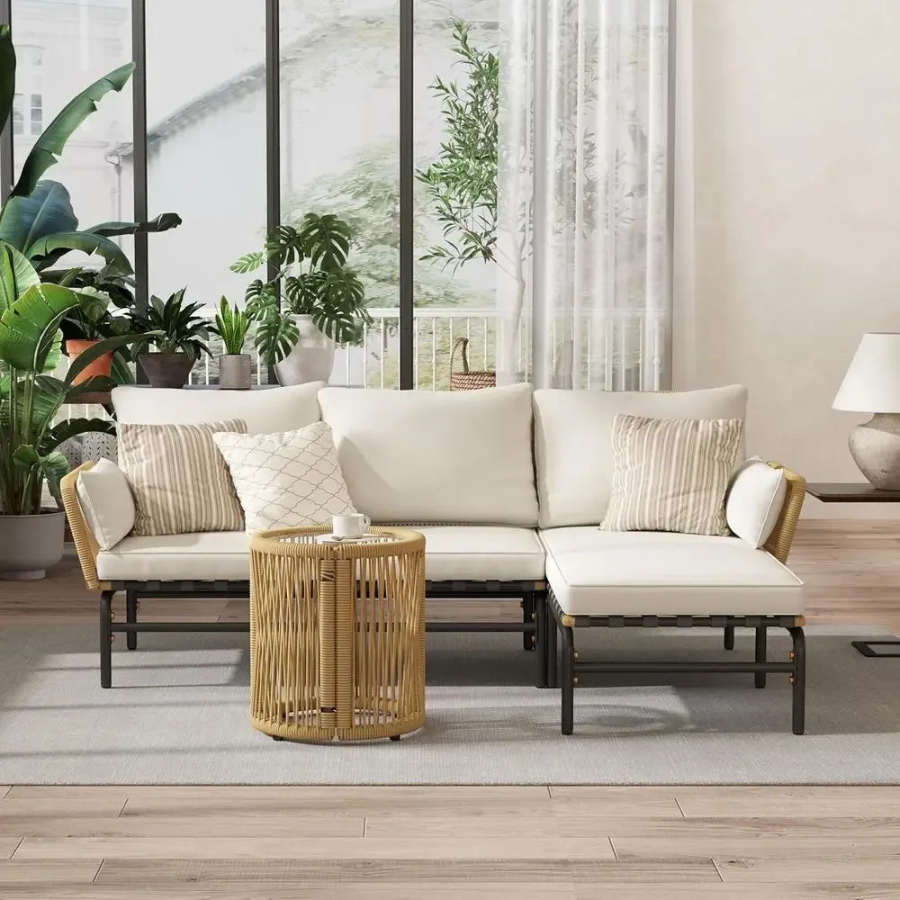 3-Piece Outdoor Patio Sofa Set with Detachable Lounger, Thick Cushions, and Glass Side Table
