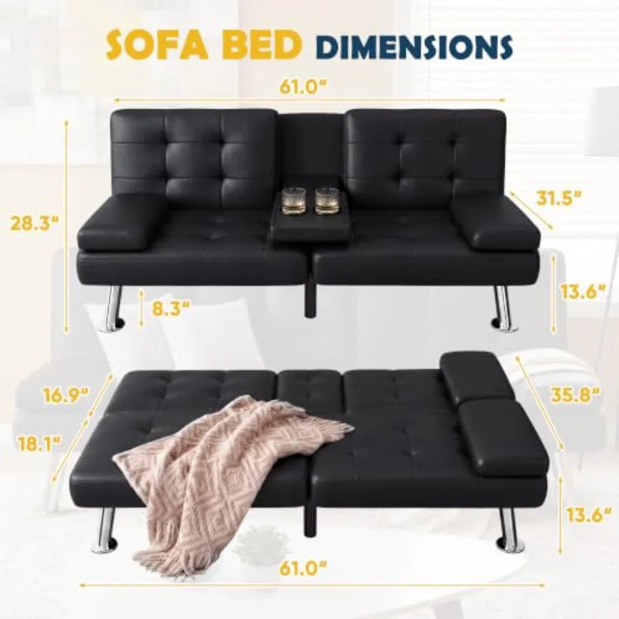 Leather Futon Sofa Bed for Living Room, Brown Genuine Leather, Adjustable Backrest and Seat with Modern Minimalist Design