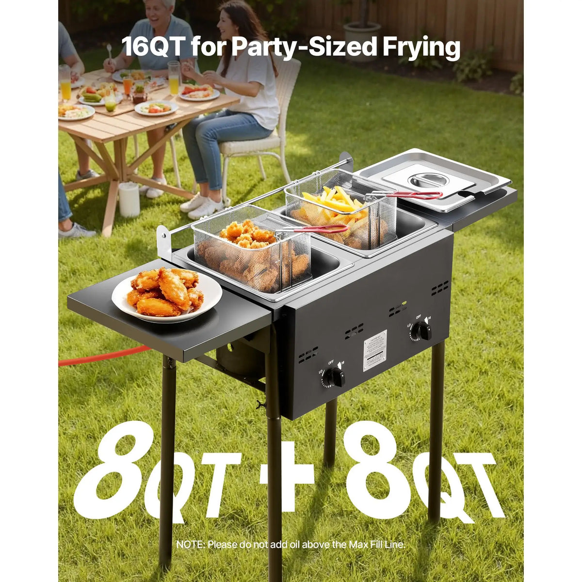 Outdoor Propane Deep Fryer, Dual-Tank 8QTx2 Commercial Fryer, Stainless Steel Cooker with Foldable Platform, Dual Basket, and Heat Adjustment, Floor Standing Fryers for Restaurant Home Snack Bar