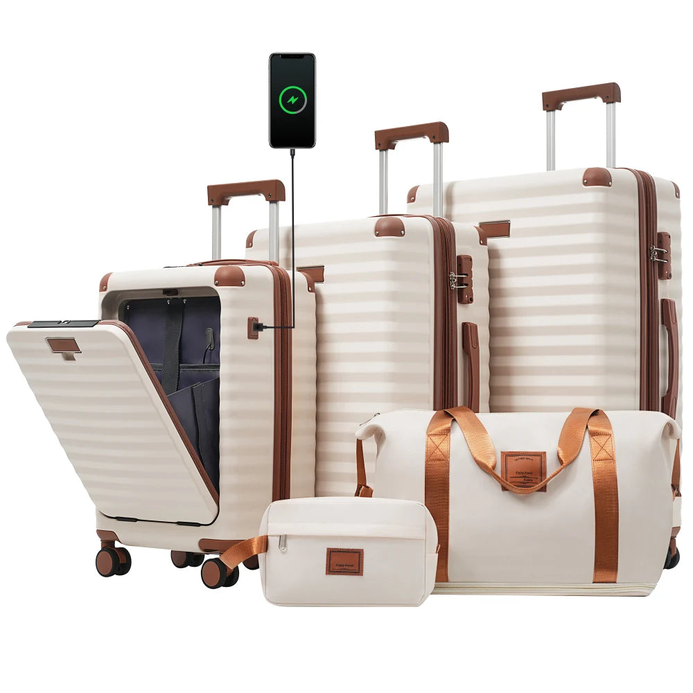 Luggage Sets 5 Piece with Front Opening , Hardside Expandable Carry on Suitcase with Spinner Wheels TSA Lock USB Port Cup Holder Duffel Bag and Toiletry Bag Brown+White + ABS