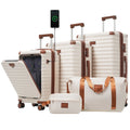 Luggage Sets 5 Piece with Front Opening , Hardside Expandable Carry on Suitcase with Spinner Wheels TSA Lock USB Port Cup Holder Duffel Bag and Toiletry Bag Brown+White + ABS