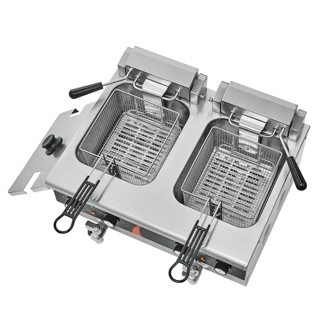 Commercial Deep Fryer 3500W, Dual Tank Electric Countertop Fryer, 2 x 9Qt / 8.5L Double Oil Fryer with 2 Baskets, 1mm Thickened Stainless Steel, Time & Temp Control, for Kitchen Restaurant Use