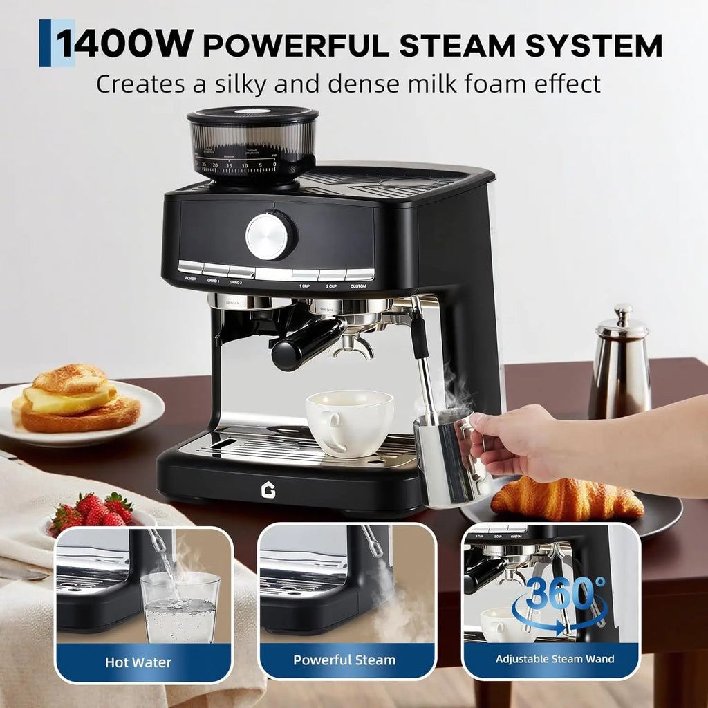 Stainless Steel Espresso Machine with Grinder – 20 Bar, Metal Die-Cast Brew Head, 30 Grind Settings, Integrated Boiler & Steam Wand, 1.5L Removable Tank