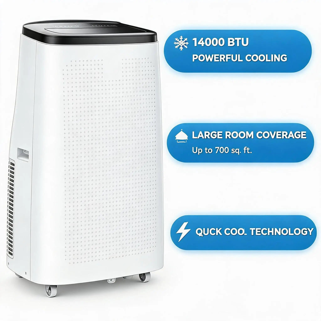 14000 BTU 4 In 1 Portable Air Conditioner With Dehumidifier And Fan Cools Large Room Up To 700 Sq Ft Remote Control Quiet Sleep Mode Energy Efficient For Home Office Garage