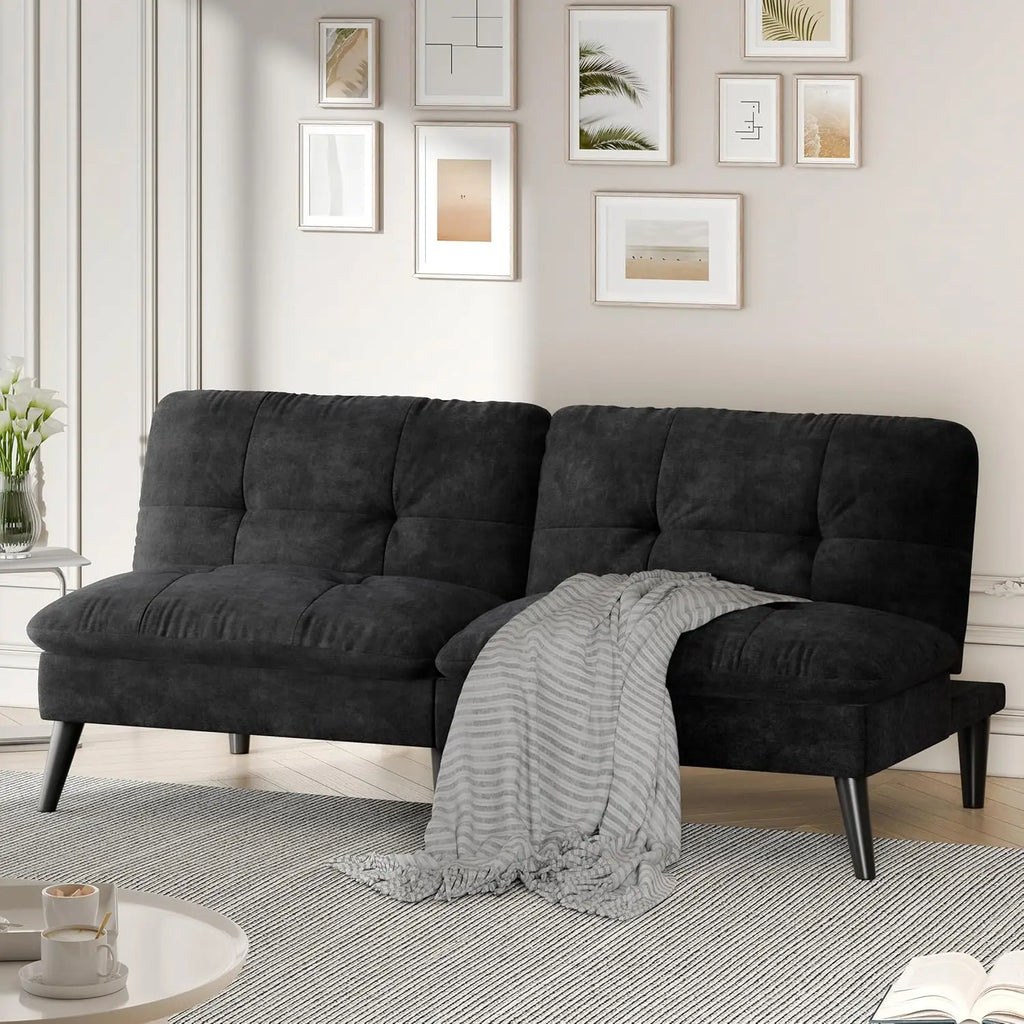 Futon Sofa Bed, Foldable Small Velvet Couch Bed with Adjustable Recliner, Space Saving 2 in 1 Sofa for Living Room, Apartment, or Guest Room, Black