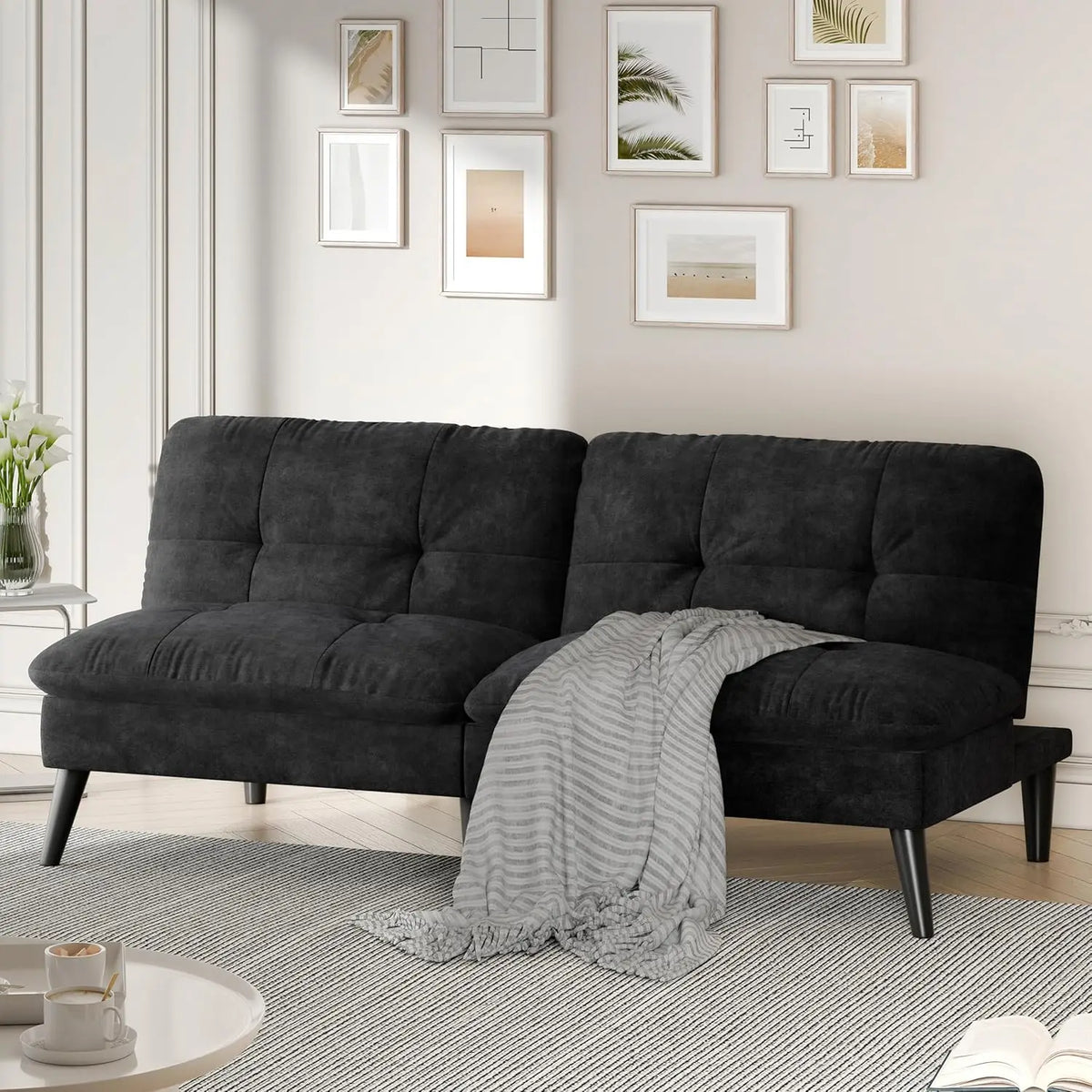 Futon Sofa Bed, Foldable Small Velvet Couch Bed with Adjustable Recliner, Space Saving 2 in 1 Sofa for Living Room, Apartment, or Guest Room, Black