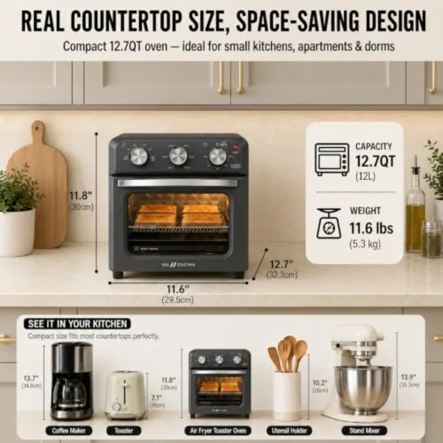 6-in-1 Retro Air Fryer Toaster Oven Combo for kitchen use, enamel-coated, dark grey, compact 12.7 QT convection oven with hexag