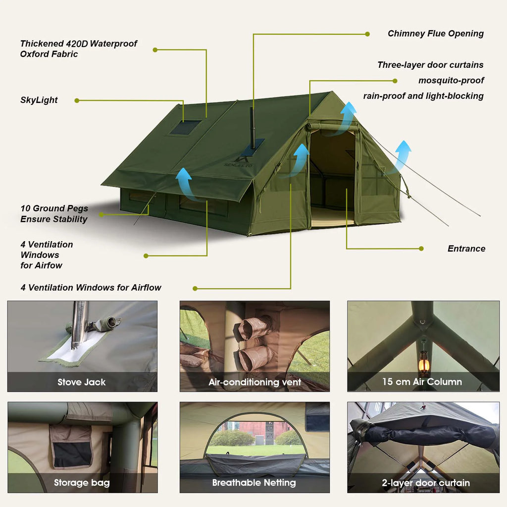 SENLEETO 129 Square Feet Inflatable Glamping Tent 4-8 Person for Camping,4 Season Blow up Tent with Stove Jack&AC Vent,Easy Setup Air Tent with High Pressure Pump