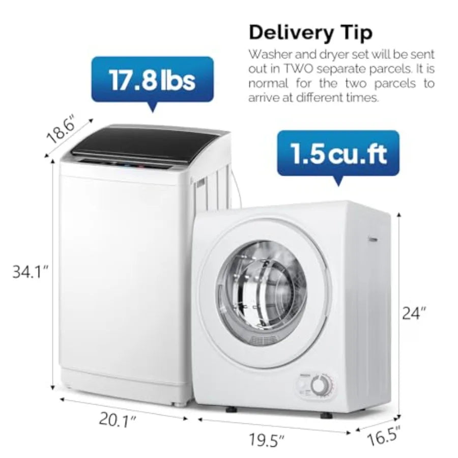 17.8LBS Full Automatic Washing Machine and 1.5CuFt Portable Clothes Dryer Set, Compact Laundry Washer and Dryer Combo Set with
