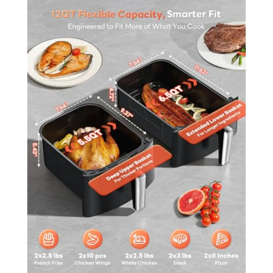 Family-size dual air fryer for kitchen use, black aluminum alloy with PFAS-free nonstick coating, even heating and compact stac