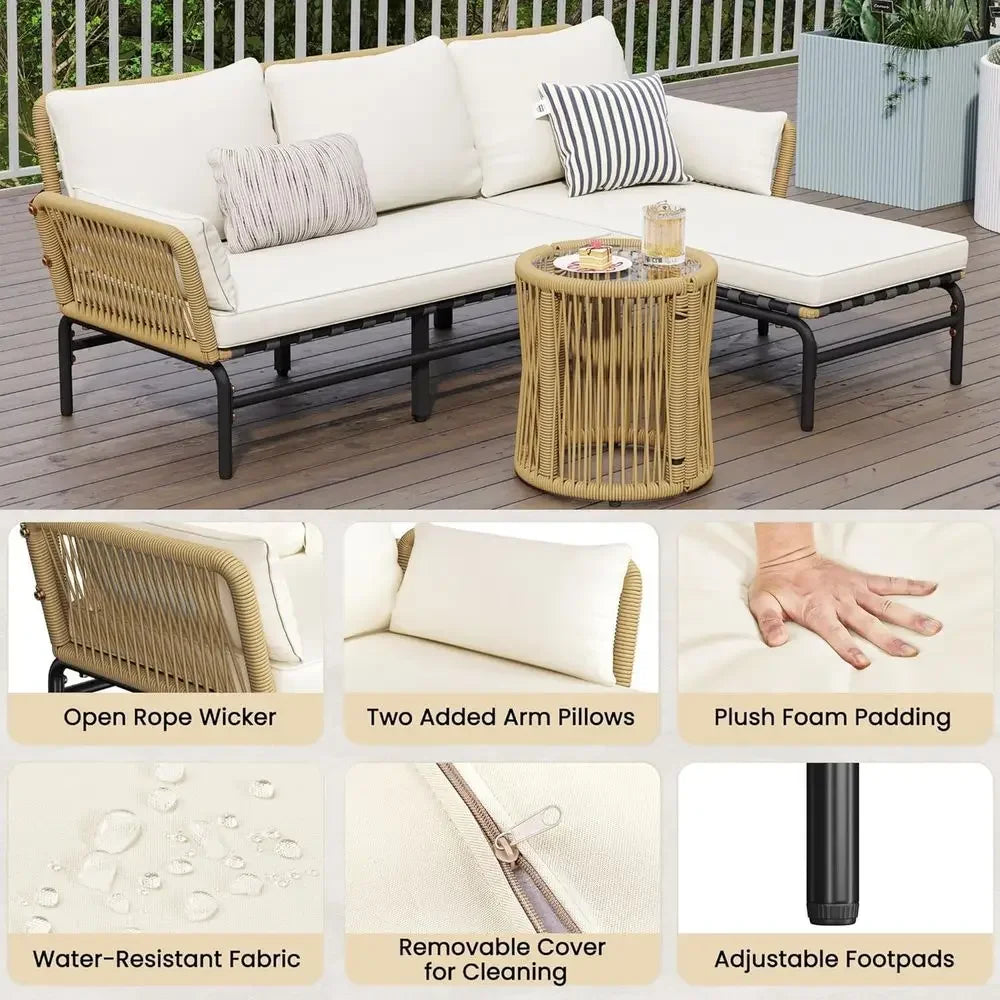 3-Piece Outdoor Patio Sofa Set with Detachable Lounger, Thick Cushions, and Glass Side Table