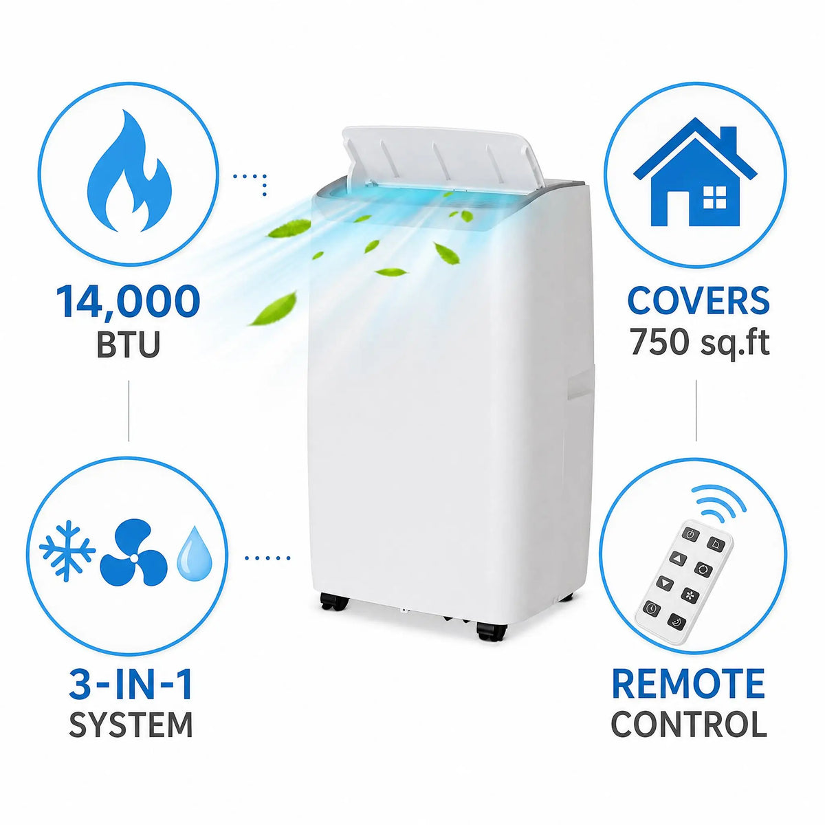 14000 BTU Portable Air Conditioner Fast Cooling Up To 750 Sq Ft 3 In 1 Portable AC Unit With Cool Dry And Fan Modes 24H Timer Function And Remote Control For Room Office