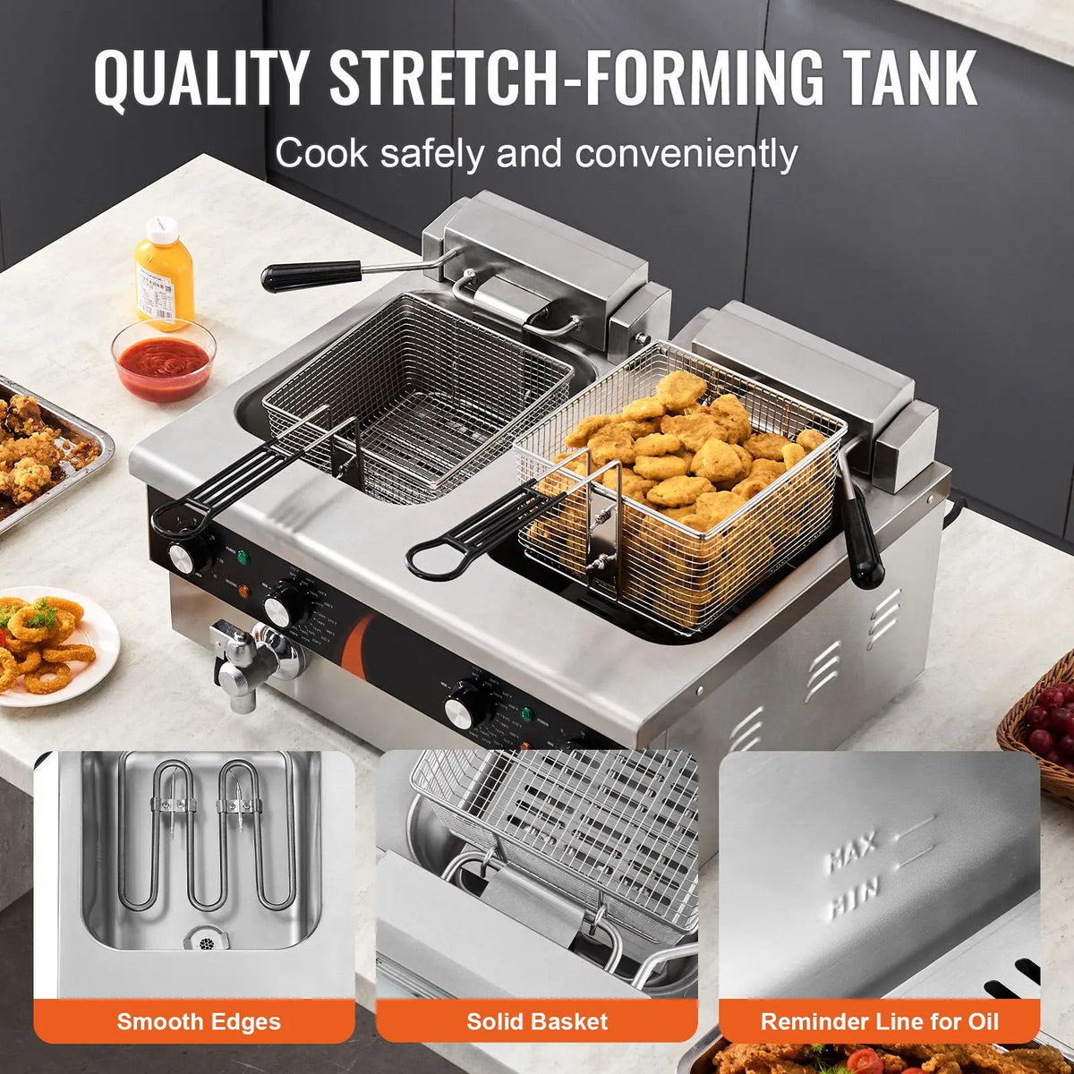 Commercial Deep Fryer 3500W, Dual Tank Electric Countertop Fryer, 2 x 9Qt / 8.5L Double Oil Fryer with 2 Baskets, 1mm Thickened Stainless Steel, Time & Temp Control, for Kitchen Restaurant Use