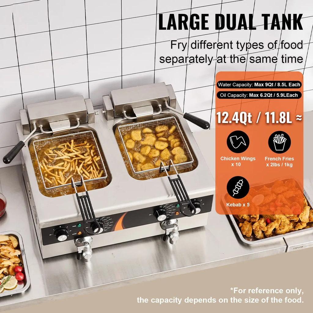 Commercial Deep Fryer 3500W, Dual Tank Electric Countertop Fryer, 2 x 9Qt / 8.5L Double Oil Fryer with 2 Baskets, 1mm Thickened Stainless Steel, Time & Temp Control, for Kitchen Restaurant Use