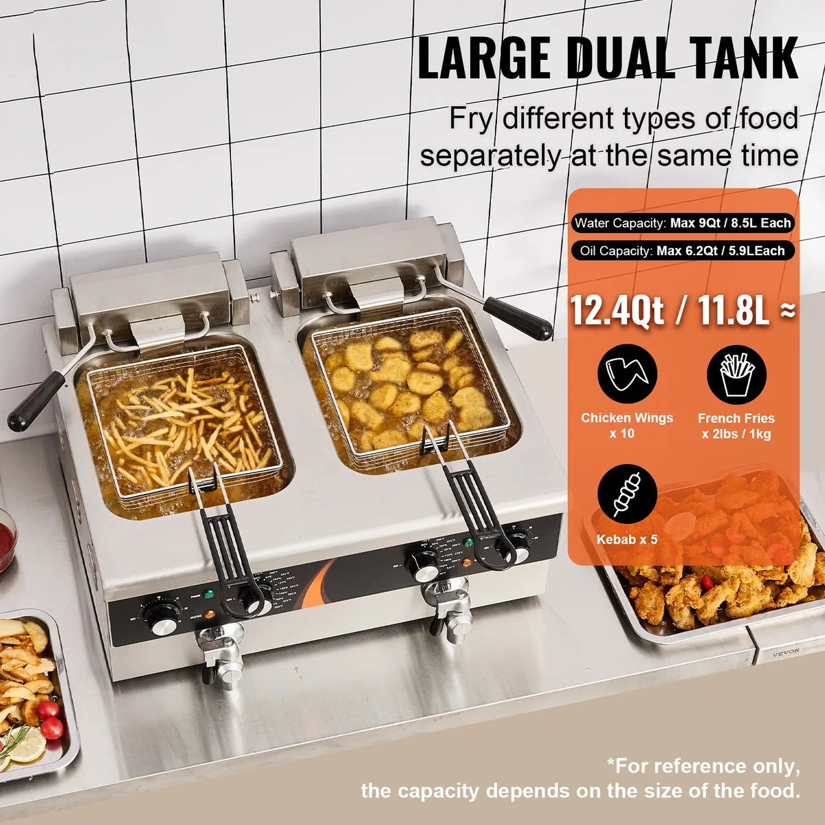 Commercial Deep Fryer 3500W, Dual Tank Electric Countertop Fryer, 2 x 9Qt / 8.5L Double Oil Fryer with 2 Baskets, 1mm Thickened Stainless Steel, Time & Temp Control, for Kitchen Restaurant Use
