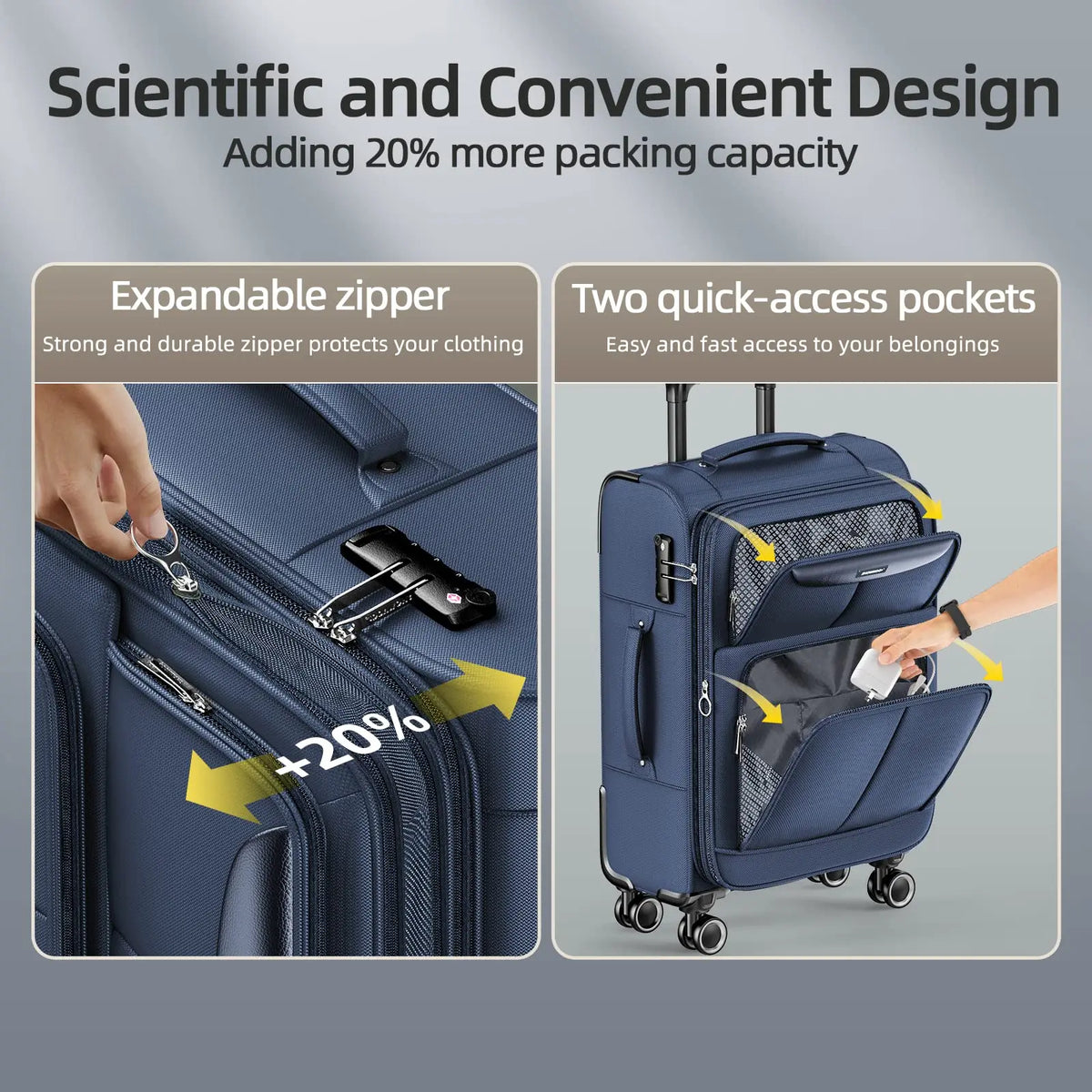 SHOWKOO Luggage Sets 3 Piece Softside Expandable Durable Suitcase Sets Durable Oxford Fabric, Lightweight, 360°Double Spinner Wheels, TSA Lock, YKK Zippers, Blue (20in/24in/28in)