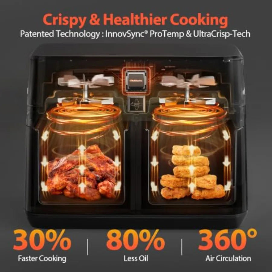 Kitchen dual-zone air fryer with nonstick black baskets, 12QT capacity, 10-in-1 functionality, touchscreen control, SyncCook, v