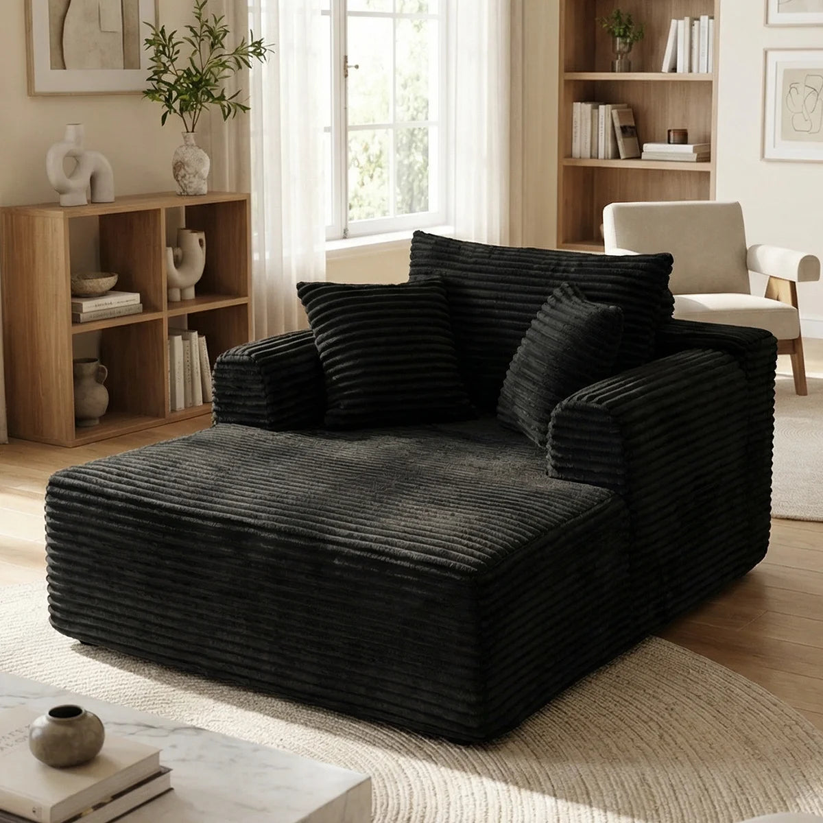 Modern Corduroy Single Sofa Bed, Lounge Recliner Chair with Lumbar Support, Thick Cushion Ergonomic Cloud Sofa