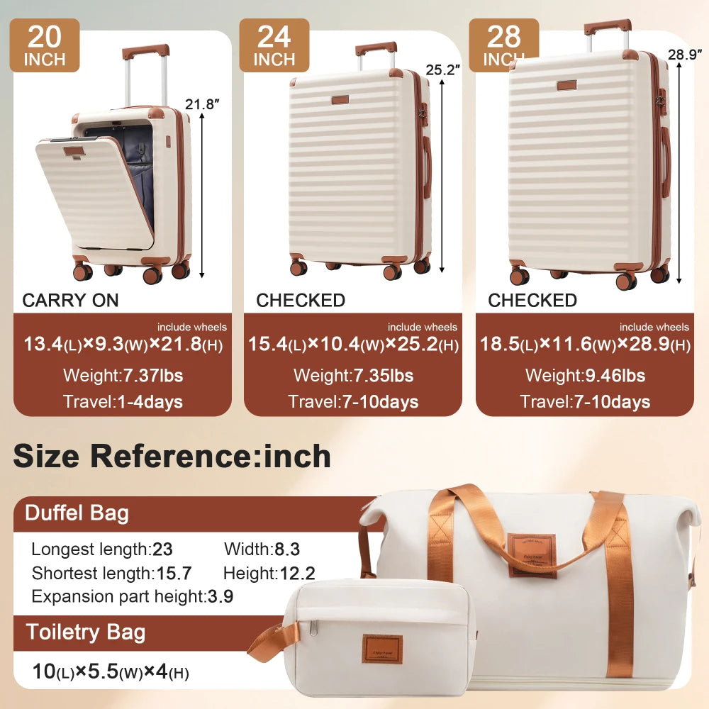 Luggage Sets 5 Piece with Front Opening , Hardside Expandable Carry on Suitcase with Spinner Wheels TSA Lock USB Port Cup Holder Duffel Bag and Toiletry Bag Brown+White + ABS