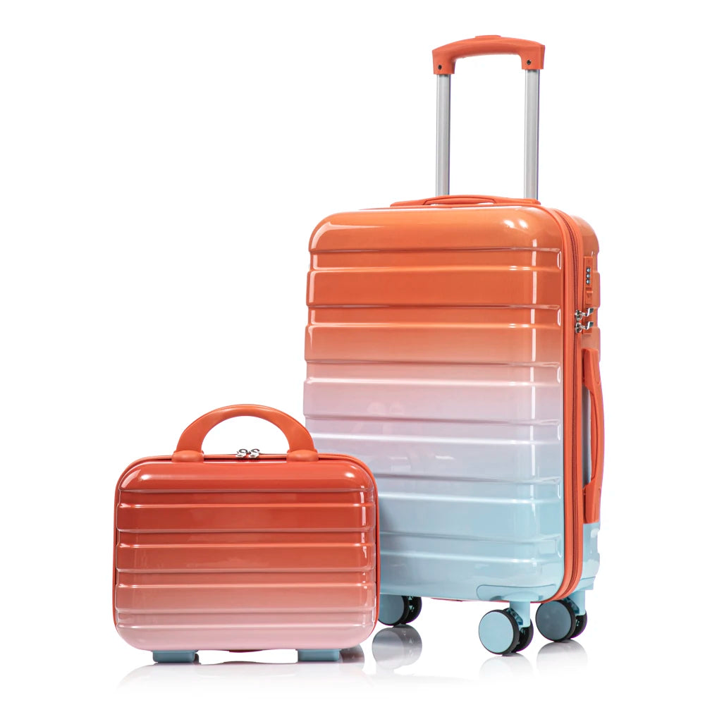 14"/20" 2 Pcs/set in PC Spinner Wheel Luggage, Carry on Suitcase, With Gradient Color and Combination Lock(Navy+Light Blue)