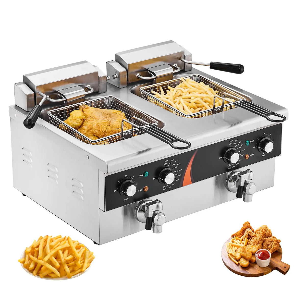 Commercial Deep Fryer 3500W, Dual Tank Electric Countertop Fryer, 2 x 9Qt / 8.5L Double Oil Fryer with 2 Baskets, 1mm Thickened Stainless Steel, Time & Temp Control, for Kitchen Restaurant Use