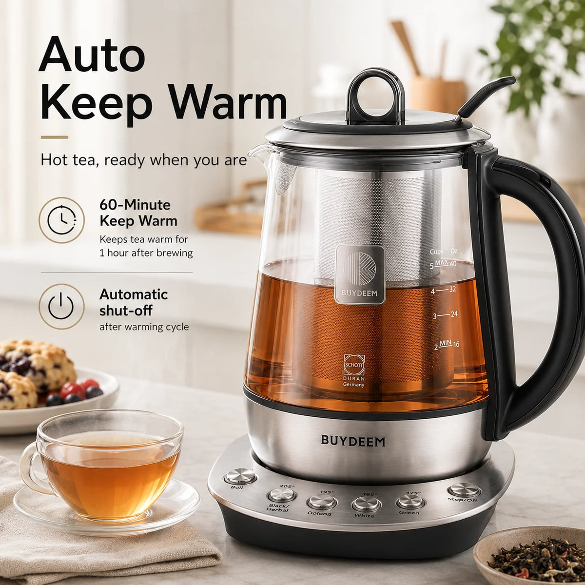 BUYDEEM Tea Maker Electric Kettle, 1.2L Glass Tea Kettle with Removable Infuser, 5 Temperature Settings, 316 Stainless Steel Heating Plate, Auto Keep Warm, Boil Dry Protection for Green Black Herbal Tea